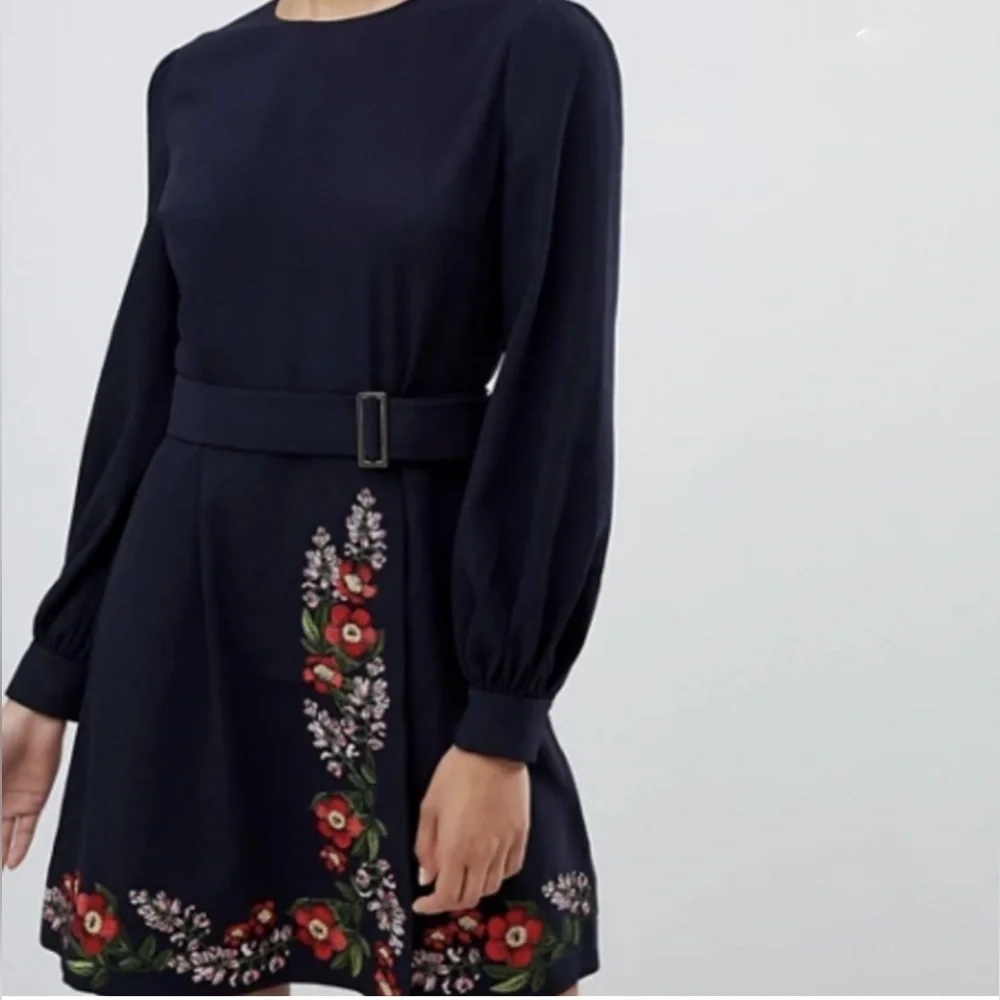 Ted Baker Navy Long Sleeved Dress with Floral Embroidery, Size 10 - Picture 13 of 14